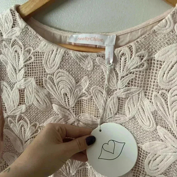 NWT See By  Chloé Layered Guipure Lace Cotton Mini Dress Pastel Blush Pink 6 - Picture 6 of 12